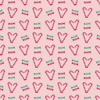 A charming and festive seamless pattern featuring repeating red and white candy canes forming heart shapes vector