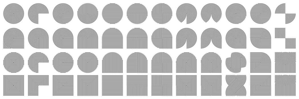 Concentric line circle and square shapes. Curved pattern japanese garden abstract arch, knot shape and spiral moon. Retro black rainbow, geometric undulate orient zen art. Wavy organic graphic element vector