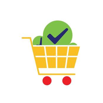 Checkout icon. E-Commerce and Promotions. Shopping cart with a check mark above it. market, sale, buy. flat design style. vector