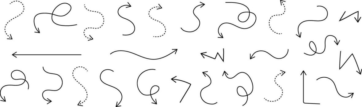 conjunto de decorativo mano dibujado flechas con curvo y punteado líneas. flechas colección para infografía, presentaciones, web diseño, interfaces, educativo materiales, diagramas, cartas y visual notas vector