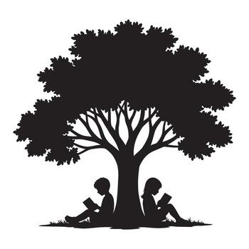 Silhouette of a large tree with children reading books beneath its shady branches vector