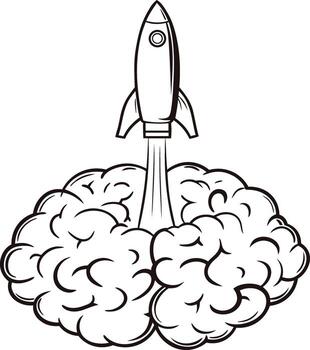 Rocket launching from brain outline symbolizing creativity and innovation vector