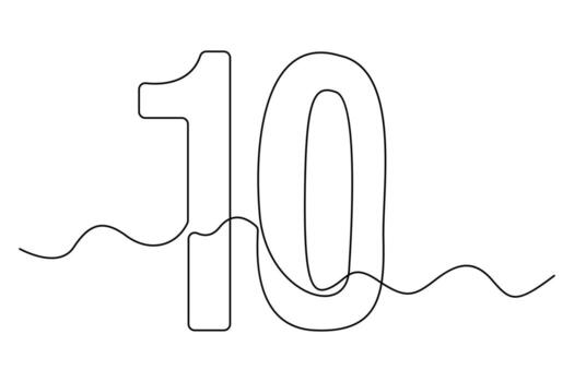 Minimalist one line art of number ten with elegant contour in abstract numeric line drawing style vector