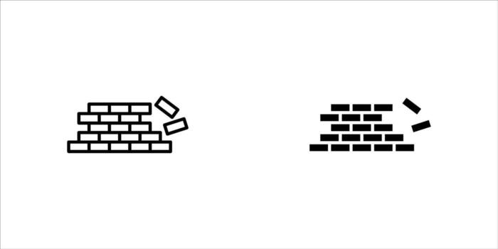 Black simple under construction icon, flat design unsafe building break down brickwall with falling bricks broken warning interface element for app ui ux web button isolated on white background vector