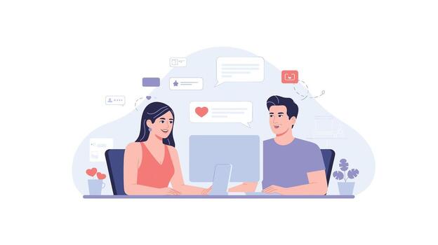 Couple Connecting Online Man and Woman Chatting, Sharing Hearts and Messages, Social Media Interaction, and Enjoying Digital Relationships Using Computer vector