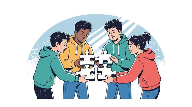 Diverse Team Connecting Puzzle Pieces Collaboration, ProblemSolving, and Unity for Success, Representing Teamwork, Innovation, and Strategic Thinking Towards a Common Goal with Focus vector