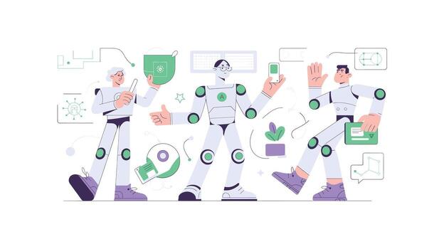 futurista colaboración Tres robots escaparate tecnología innovaciones y datos análisis soluciones en un moderno, minimalista diseño vector