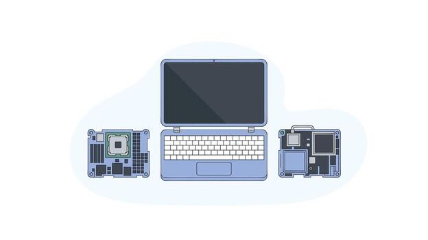 Laptop with Computer Components Illustration Modern Technology, Motherboard, CPU, and Design for Repair, Innovation and Development vector