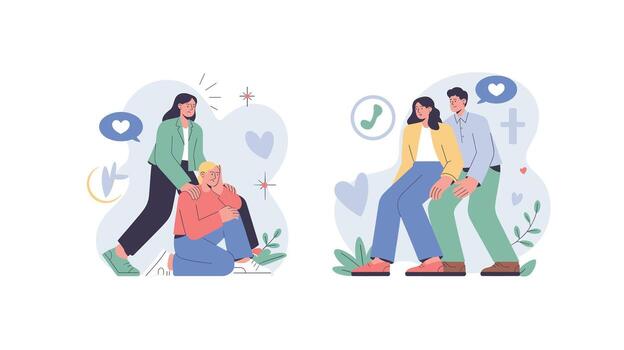 Emotional Support and Friendship Two Scenarios of Comforting Individuals Through Empathy and Understanding in Times of Sadness and Overcoming Challenges vector
