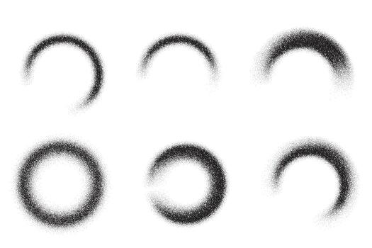 Dotted grainy gradient shapes. Black circle brush strokes on white background. Abstract sand texture. Fluid splashes and halftone elements. Gritty geometric diffused rounds vector