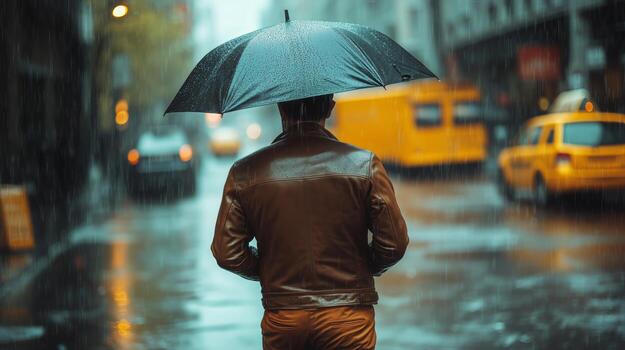Rainy Street View Featuring a Person With an Umbrella in an Urban Setting During a Busy Daytime photo
