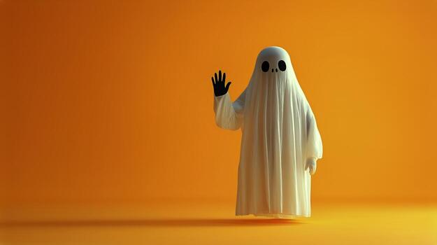 Playful Ghost Figure With Raised Hands Against Yellow Background in Cheerful Atmosphere. photo