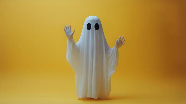Playful Ghost Figure With Raised Hands Against Yellow Background in Cheerful Atmosphere photo