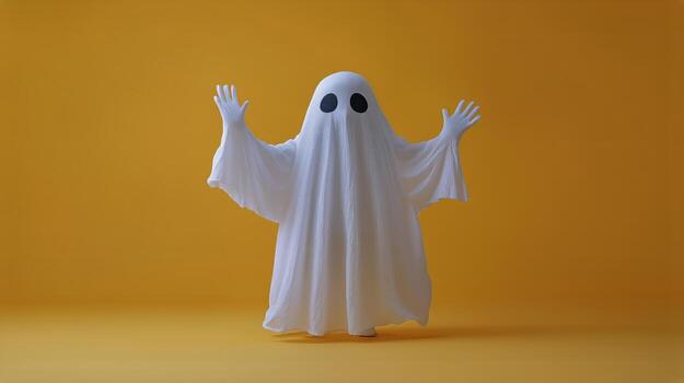 fantasma personaje ondulación en frente de un brillante amarillo antecedentes. foto