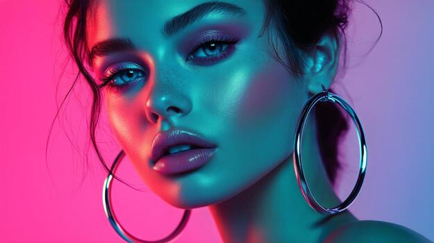 Model Showcasing Bold Makeup With Vibrant Lighting During a Creative Photoshoot in a Studio. photo