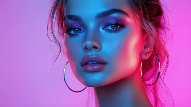 Model Showcasing Bold Makeup With Vibrant Lighting During a Creative Photoshoot in a Studio photo
