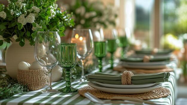 Elegant Dining Table Arrangement With Greenery and Soft Lighting in Bright Setting. photo