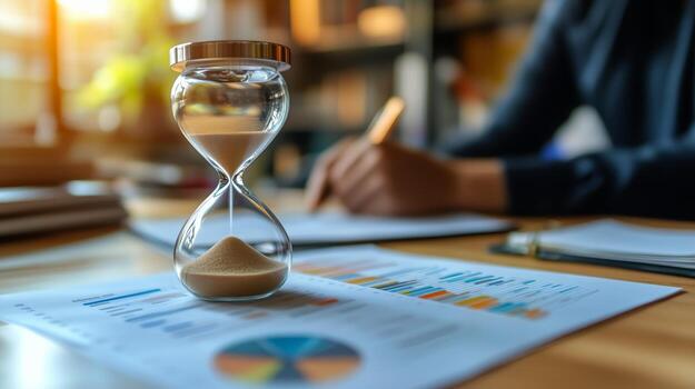 Effective Time Management With an Hourglass on a Work Desk in a Modern Office Environment. photo