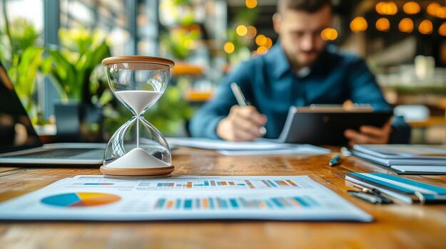 Productivity in a Modern Workspace With an Hourglass and Charts Focused on Time Management photo