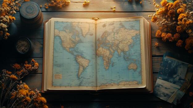 World Map Spread Open on Wooden Table Surrounded by Flowers and Travel Memorabilia photo