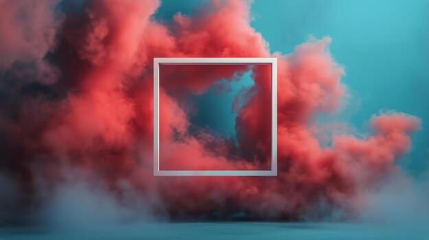Vibrant Colored Smoke Cloud With a Square Frame in a Surreal Setting photo