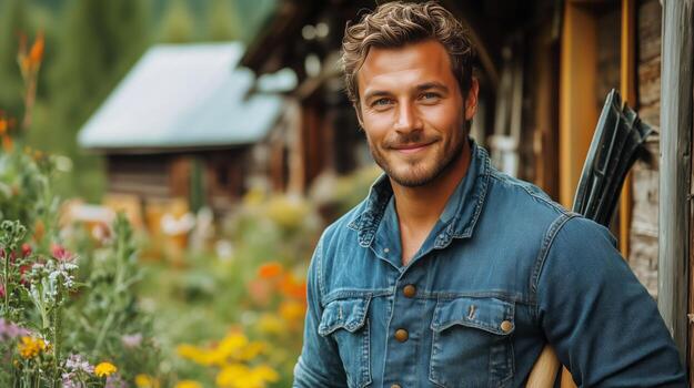Gardener Smiling While Tending to Vibrant Vegetable Patch in a Sunny Homestead. photo