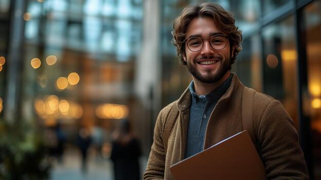 Young Man Smiles Warmly While Holding a Folder in a Modern Urban Setting During the Evening photo