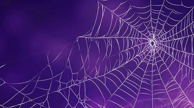 Spider Webs Glisten Against a Dark Purple Background Showcasing Intricate Designs and Hidden Spiders. photo
