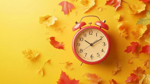 Colorful Alarm Clock Surrounded by Autumn Leaves on a Yellow Background photo