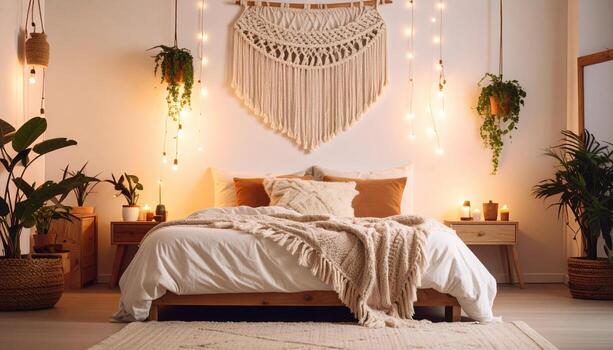 acogedor boho dormitorio presentando atrapasueños, suave textiles, y natural decoración elementos, creando sereno atmósfera foto