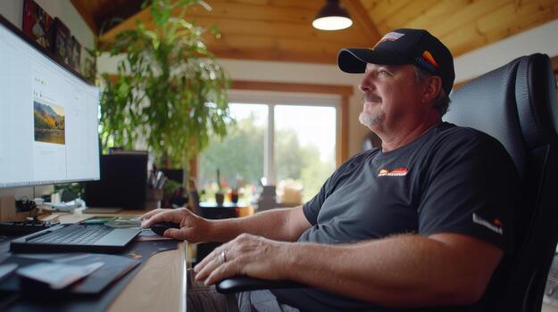 man working in cozy attic studio with computer and plants photo