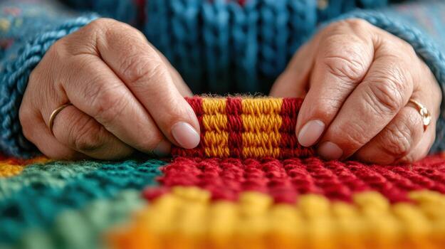 Artisan hands weaving colorful fabric with intricate patterns and textures photo