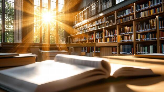 serene library filled with classic books and warm sunlight streaming in photo