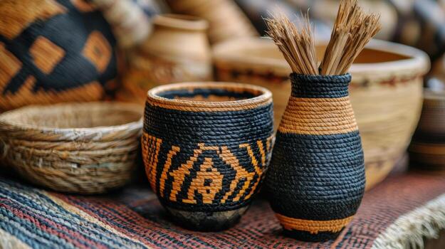 Handcrafted baskets and pottery showcasing intricate designs and textures photo