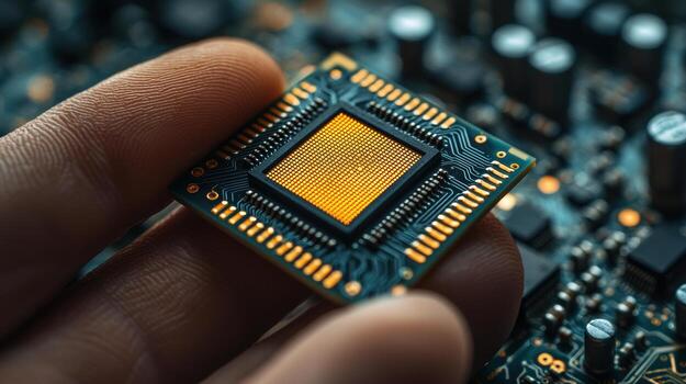 close up of microchip held by researcher, showcasing intricate details photo