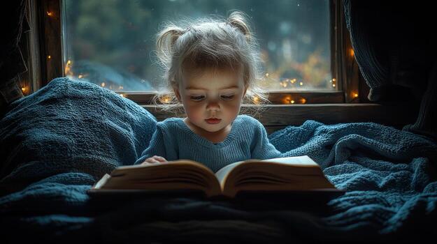 child reading book in cozy library nook, surrounded by soft blankets photo