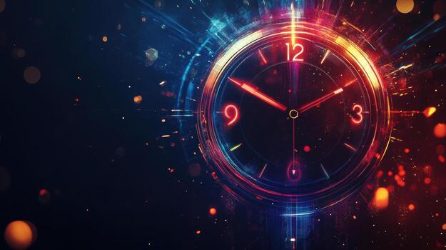 Futuristic countdown clock design with vibrant colors and glowing photo
