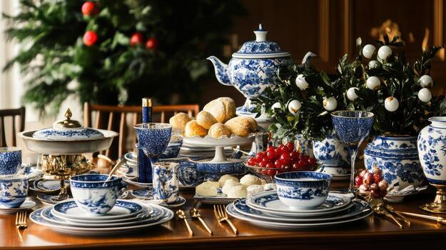 beautifully arranged traditional New Year table setting with elegant dishes photo