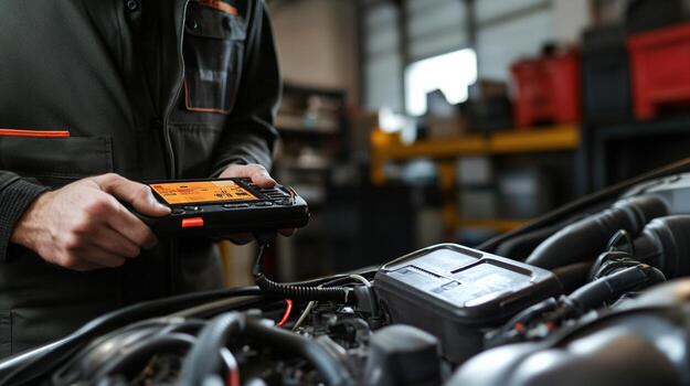 Diagnosing car engine problems with diagnostic tool in garage photo