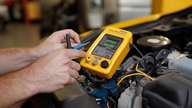 Diagnosing electrical issues with multimeter in vehicle engine photo