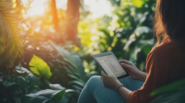 serene outdoor setting with person reviewing digital data on tablet photo