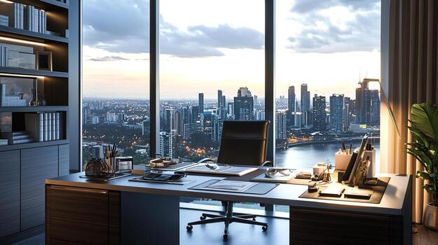 A desk with a computer and a window overlooking the city photo