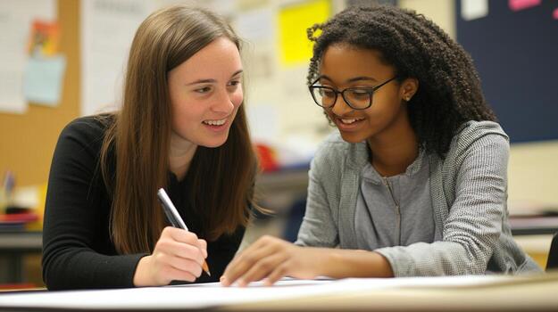 teacher mentoring student through challenging assignment, fostering growth and learning photo