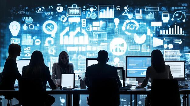 team brainstorming session with digital tools and data visualization photo