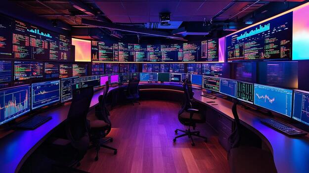 vibrant digital currency trading floor with multiple screens displaying data and charts photo