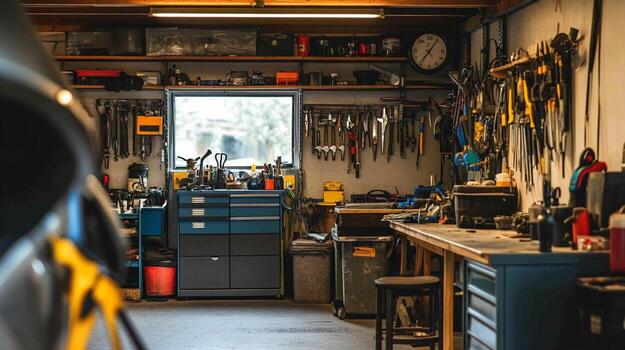 A garage with tools and other items in it photo
