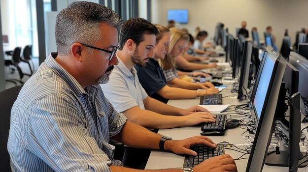 Employees engaged in hands on training session using computers photo