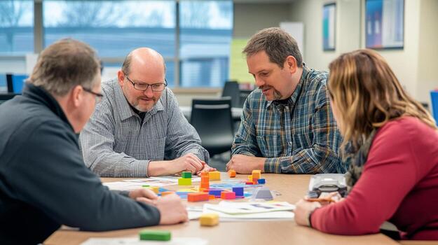 Three people sitting around a table playing with colorful blocks photo