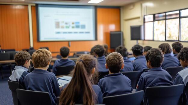 Students engaged in classroom presentation using digital tools photo