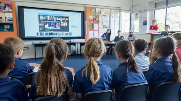 Students engaged in debate using digital tools in classroom setting photo